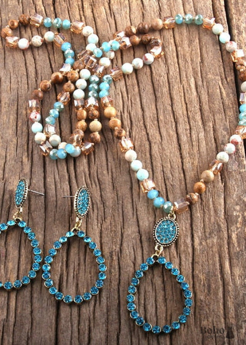 Boho Necklace, Jewelry Set, RH Amazonite Crystal Green Black Natural Stone
